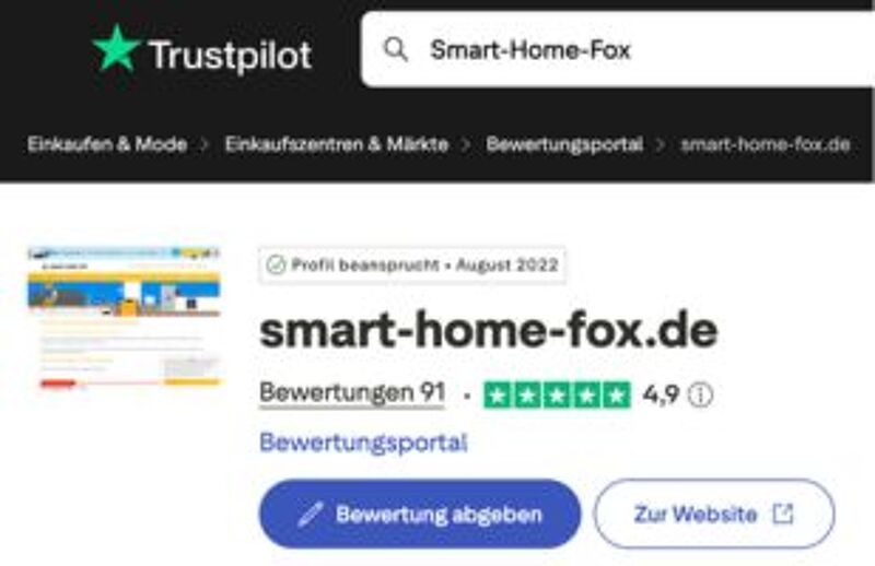 Trustpilot Bewertungen der Smart-Home-Fox.de Website mit 4,9 Sternen, hervorragend bewertet